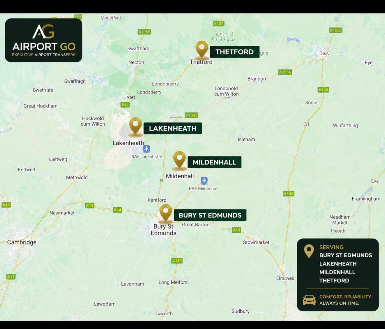 Map of Auto Airport Executives Cars service area covering Bury St Edmunds, Lakenheath, Mildenhall and Thetford